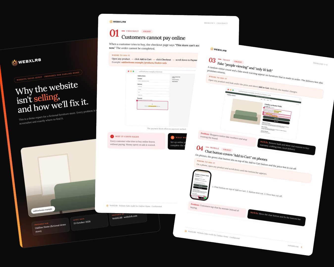 Pages of a website sales audit PDF report with annotated screenshots